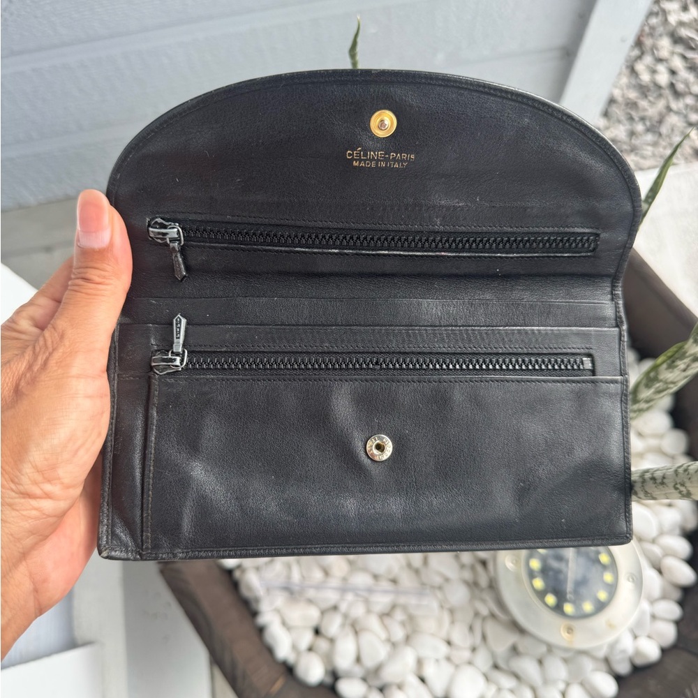 Celine Vintage Macadam Leather Long Wallet Black Envelope Style Flap Closure - Picture 3 of 13
